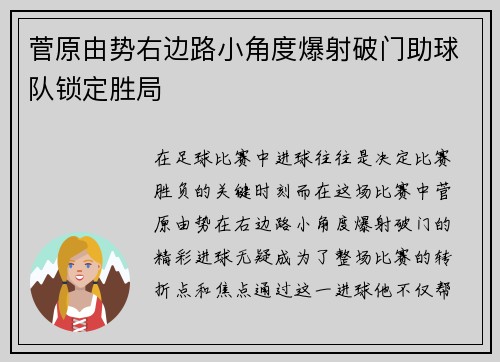 菅原由势右边路小角度爆射破门助球队锁定胜局 菅原由势右边路小角度爆射破门助球队锁定胜局
